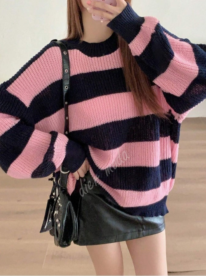 Kadın Lacivert Pembe Oversize Selanik Örgü Kazak -Salaş Triko Fmoda601
