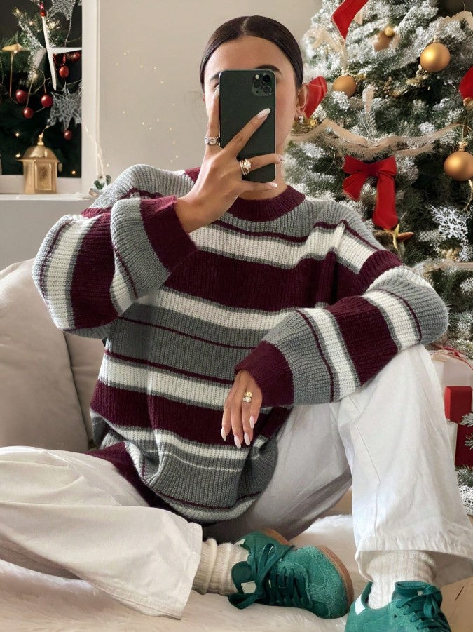 Bordo Gri Çizgili Oversize Kazak - Bordo Salaş Triko Kazak Fmoda1453