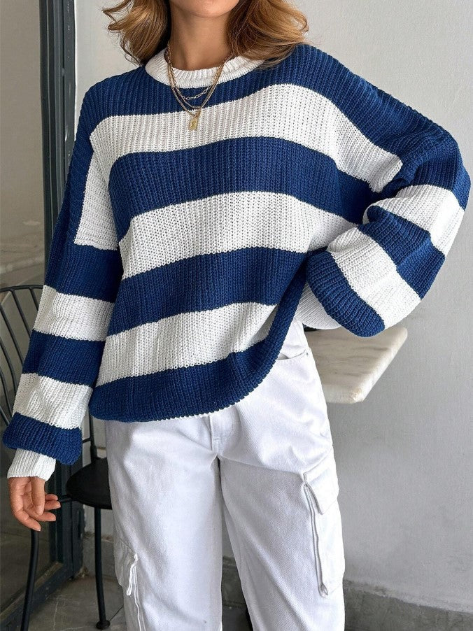 Çizgili Oversize Örgü Kazak - Beyaz Saks Mavi Salaş Triko Kazak fmoda602