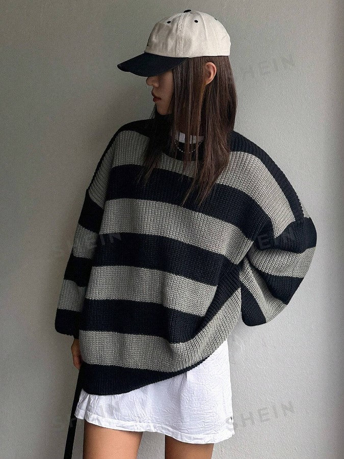 Kadın Siyah Gri Oversize Selanik Örgü Kazak -Salaş Triko Fmoda601