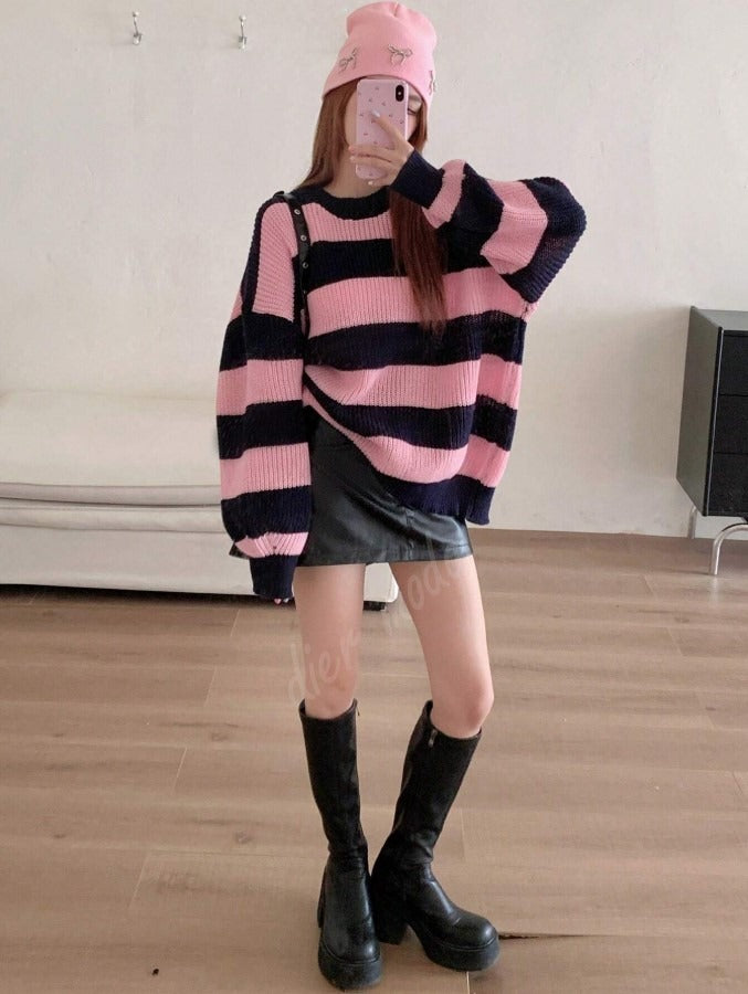 Kadın Lacivert Pembe Oversize Selanik Örgü Kazak -Salaş Triko Fmoda601