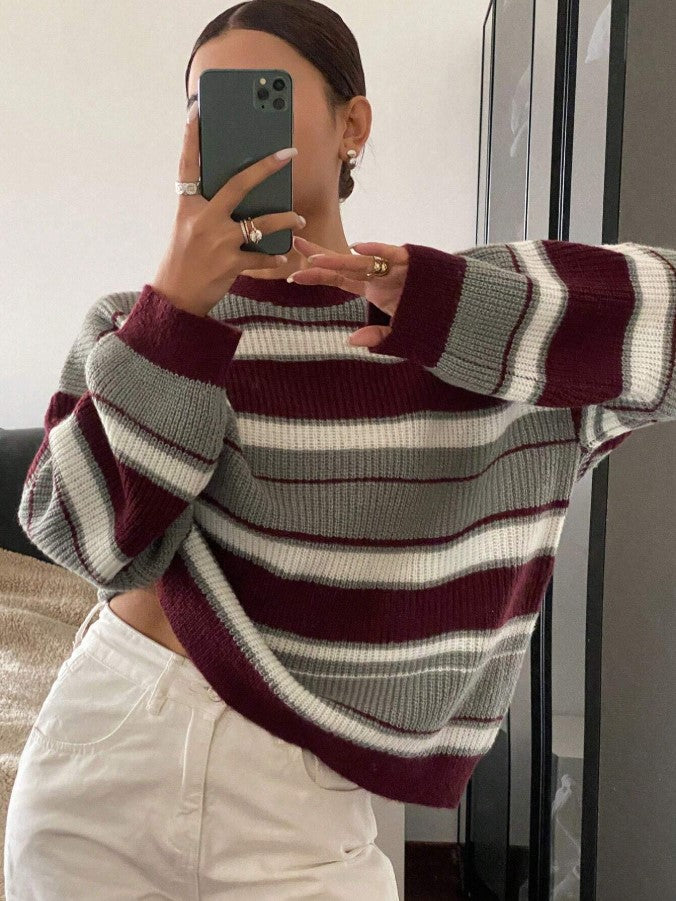 Bordo Gri Çizgili Oversize Kazak - Bordo Salaş Triko Kazak Fmoda1453