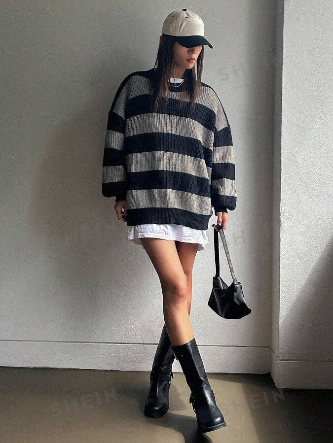 Kadın Siyah Gri Oversize Selanik Örgü Kazak -Salaş Triko Fmoda601