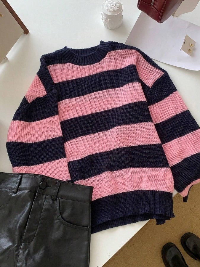 Kadın Lacivert Pembe Oversize Selanik Örgü Kazak -Salaş Triko Fmoda601