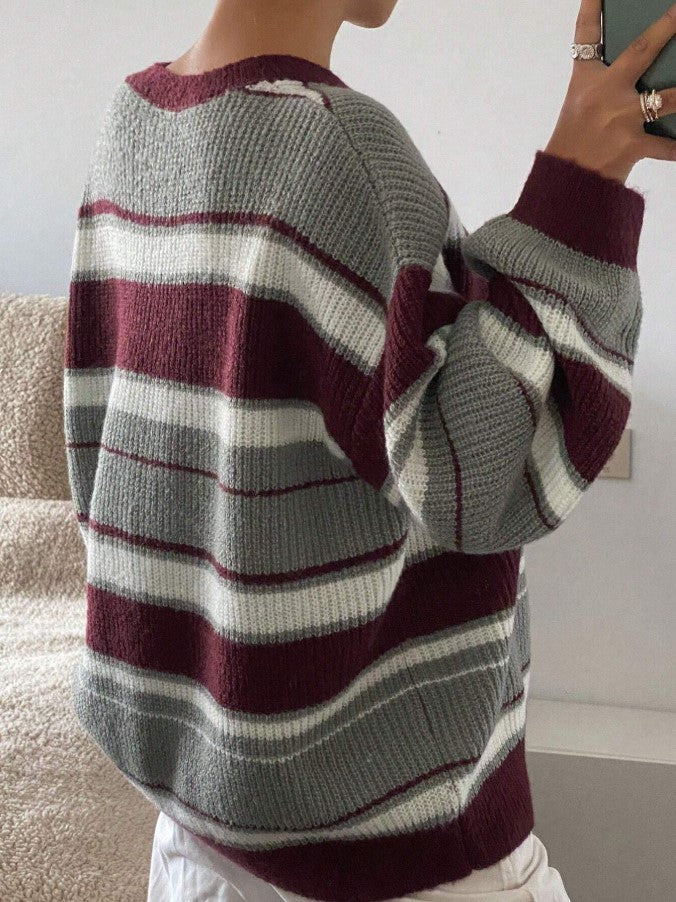 Bordo Gri Çizgili Oversize Kazak - Bordo Salaş Triko Kazak Fmoda1453