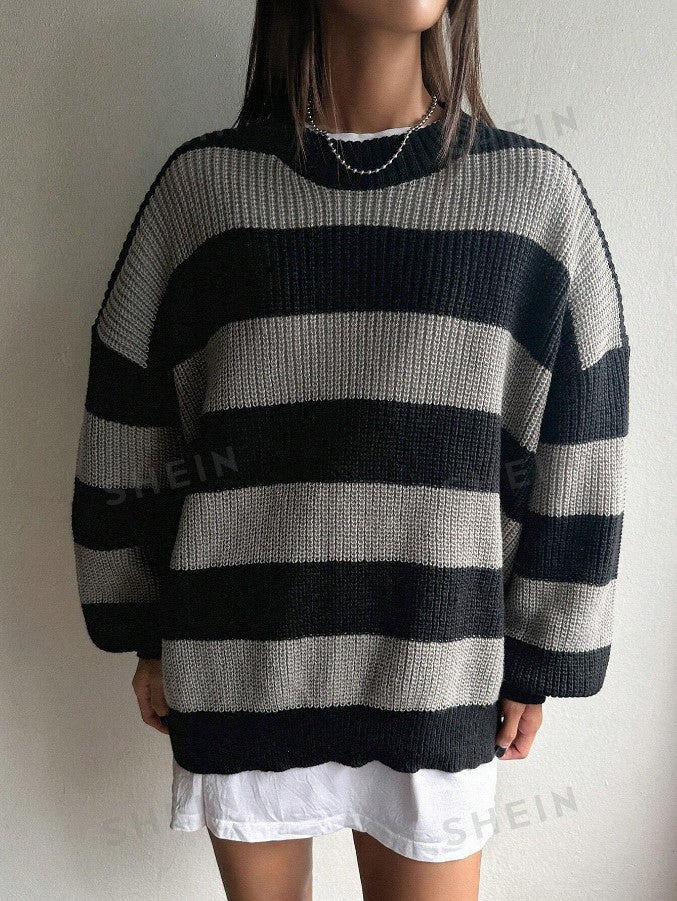 Kadın Siyah Gri Oversize Selanik Örgü Kazak -Salaş Triko Fmoda601