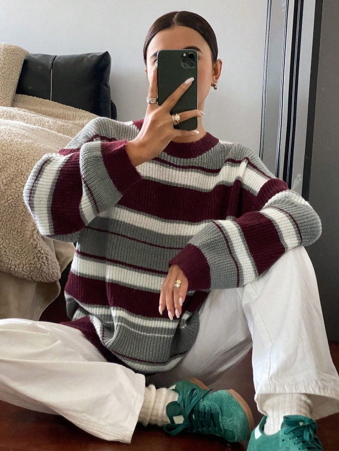 Bordo Gri Çizgili Oversize Kazak - Bordo Salaş Triko Kazak Fmoda1453