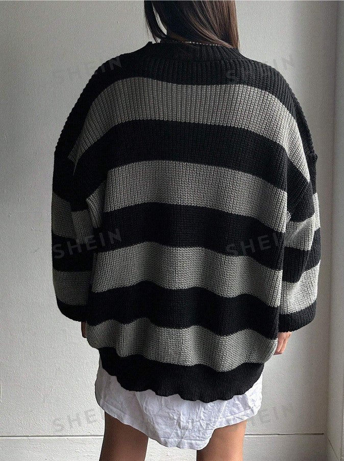 Kadın Siyah Gri Oversize Selanik Örgü Kazak -Salaş Triko Fmoda601