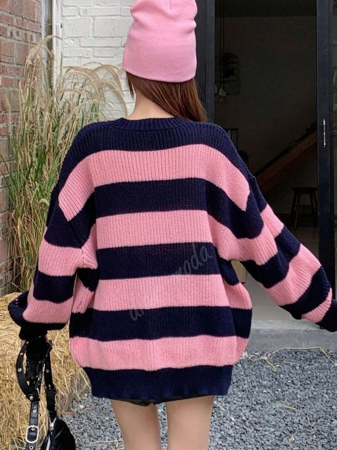 Kadın Lacivert Pembe Oversize Selanik Örgü Kazak -Salaş Triko Fmoda601