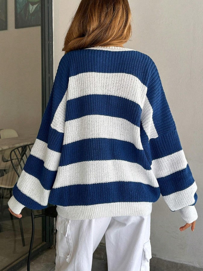 Çizgili Oversize Örgü Kazak - Beyaz Saks Mavi Salaş Triko Kazak fmoda602
