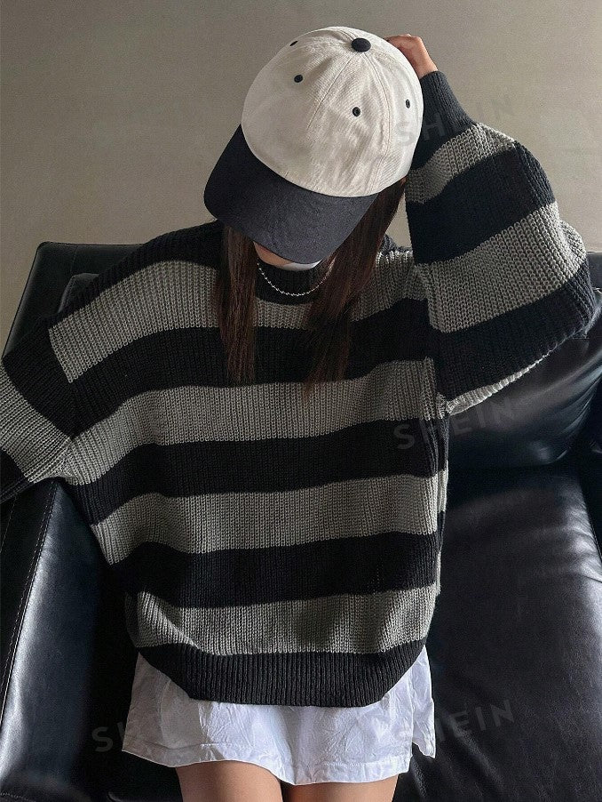 Kadın Siyah Gri Oversize Selanik Örgü Kazak -Salaş Triko Fmoda601