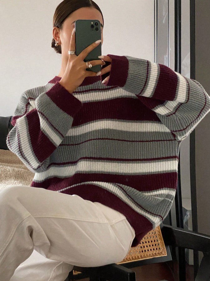 Bordo Gri Çizgili Oversize Kazak - Bordo Salaş Triko Kazak Fmoda1453