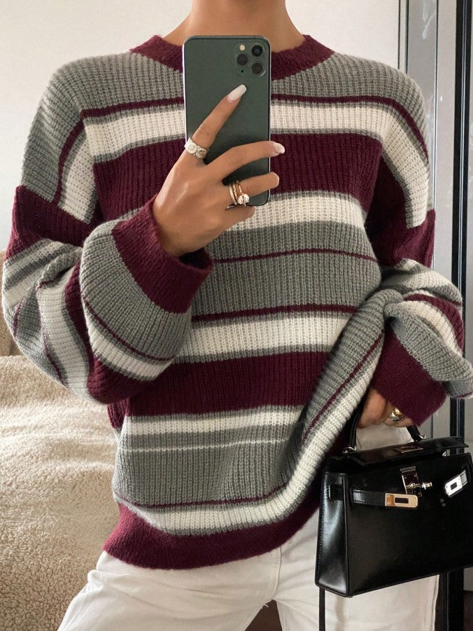 Bordo Gri Çizgili Oversize Kazak - Bordo Salaş Triko Kazak Fmoda1453