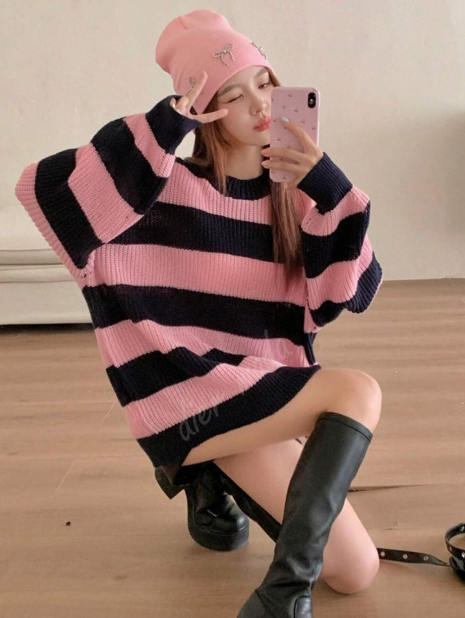 Kadın Lacivert Pembe Oversize Selanik Örgü Kazak -Salaş Triko Fmoda601