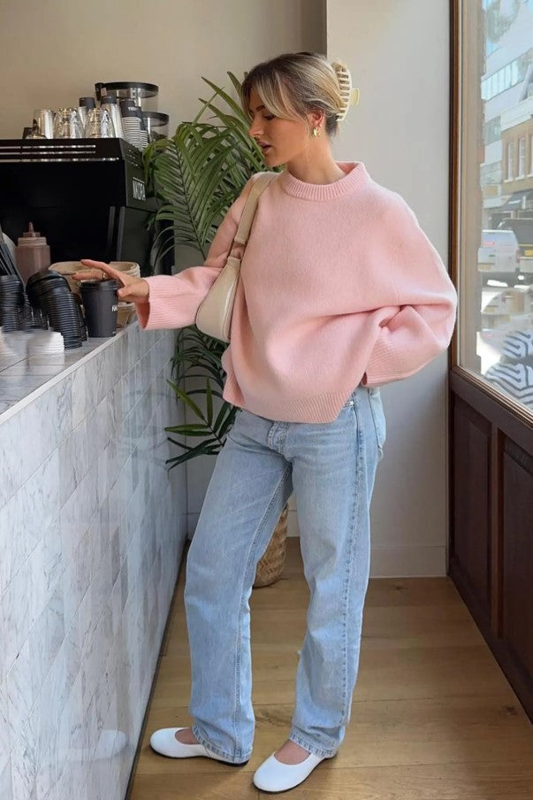 Kadın Pudra Pembe Oversize Triko Kazak Fmoda1972