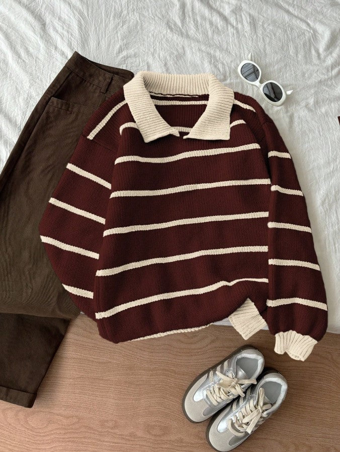 Bordo Ekru Örgü Polo Yaka Oversize Triko Kazak, Kadın Kazak Fmoda101