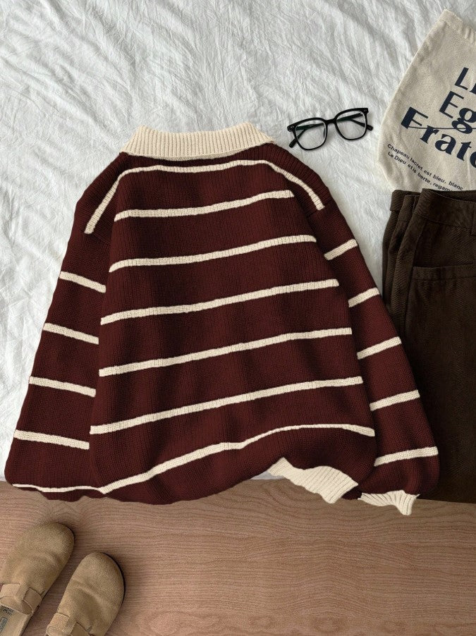 Bordo Ekru Örgü Polo Yaka Oversize Triko Kazak, Kadın Kazak Fmoda101