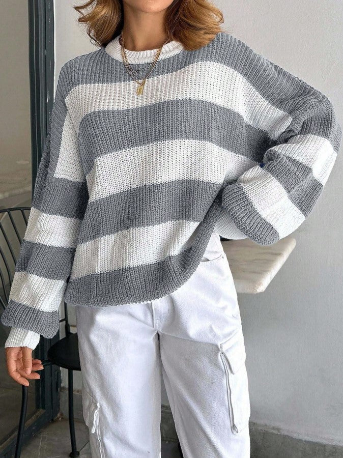 Çizgili Oversize Örgü Kazak - Gri Beyaz Salaş Triko Kazak fmoda602