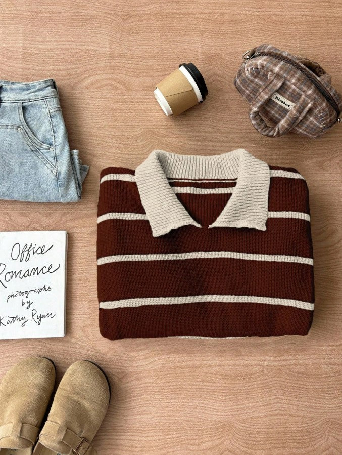 Bordo Ekru Örgü Polo Yaka Oversize Triko Kazak, Kadın Kazak Fmoda101