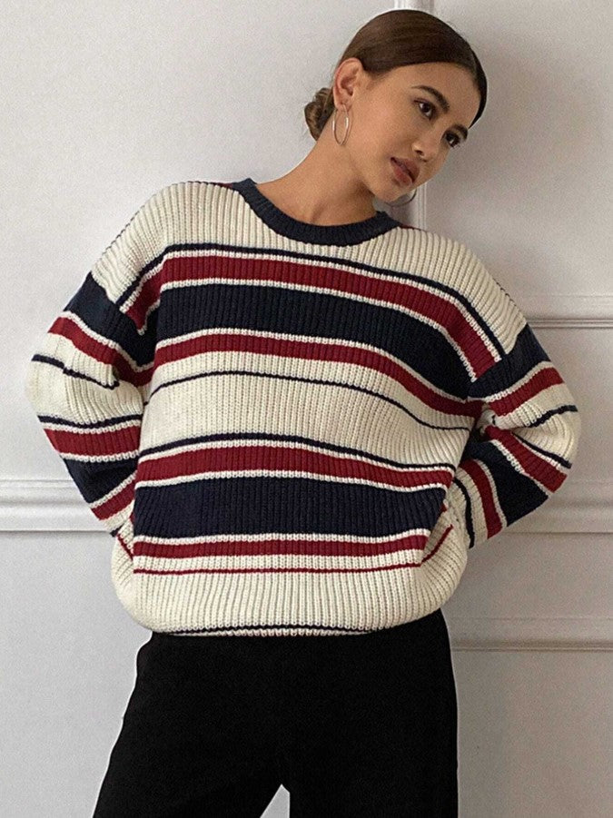 Lacivert Kırmızı Çizgili Oversize Kazak - Ekru Salaş Triko Kazak Fmoda1453
