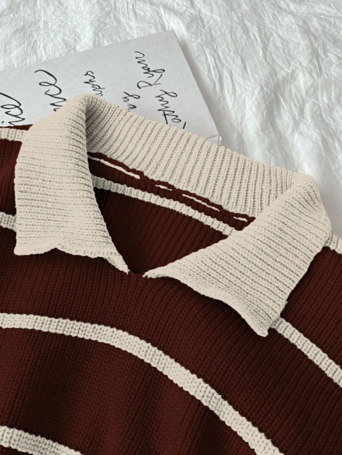 Bordo Ekru Örgü Polo Yaka Oversize Triko Kazak, Kadın Kazak Fmoda101