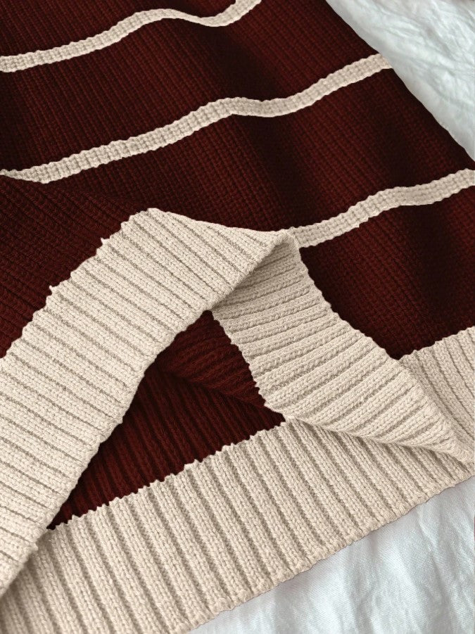 Bordo Ekru Örgü Polo Yaka Oversize Triko Kazak, Kadın Kazak Fmoda101