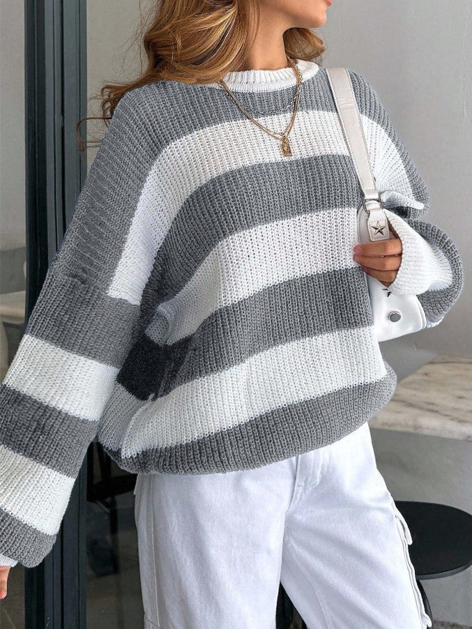Çizgili Oversize Örgü Kazak - Gri Beyaz Salaş Triko Kazak fmoda602