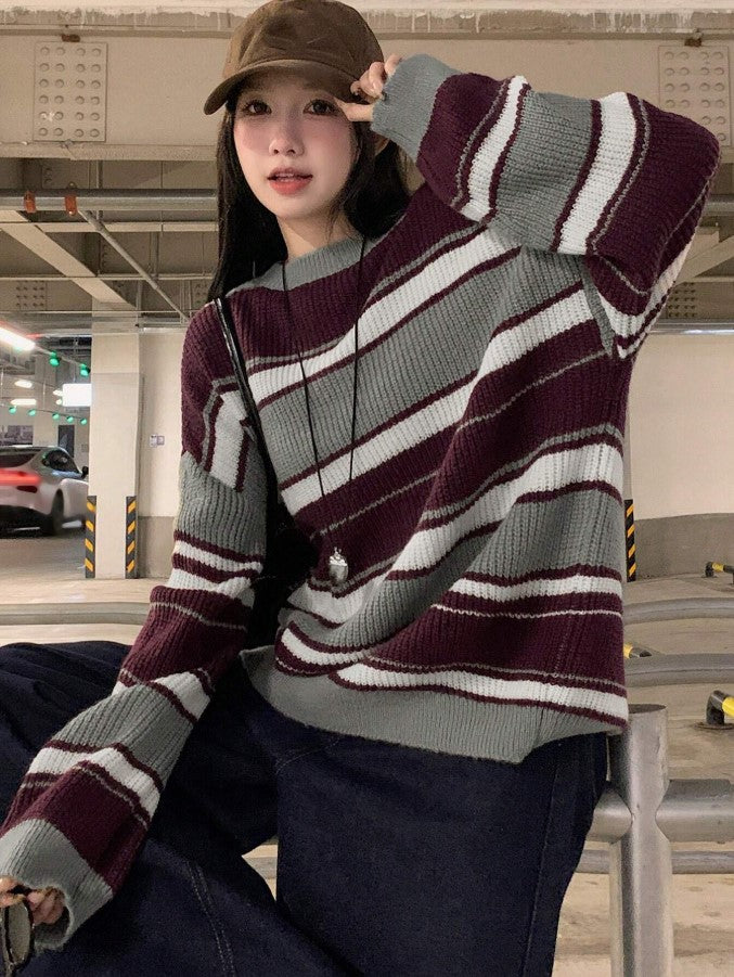 Siyah Gri Çizgili Oversize Kazak - Siyah Salaş Triko Kazak Fmoda1453