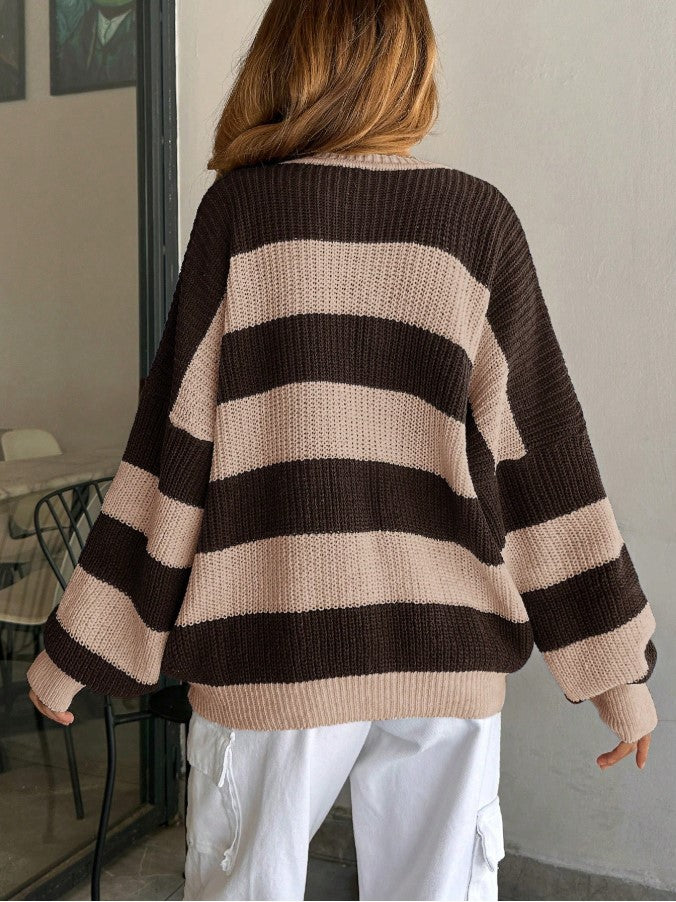 Çizgili Oversize Örgü Kazak - Kahve Bej Salaş Triko Kazak fmoda602
