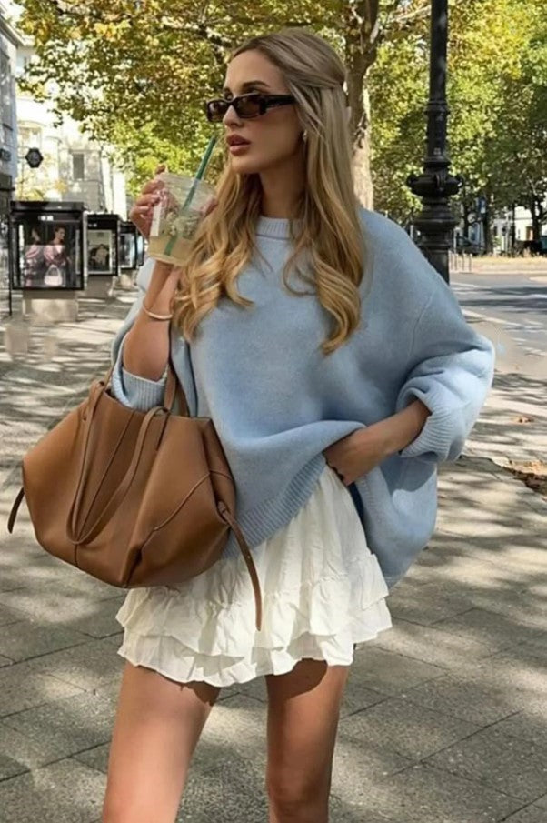 Kadın Mavi Oversize Triko Kazak Fmoda1972