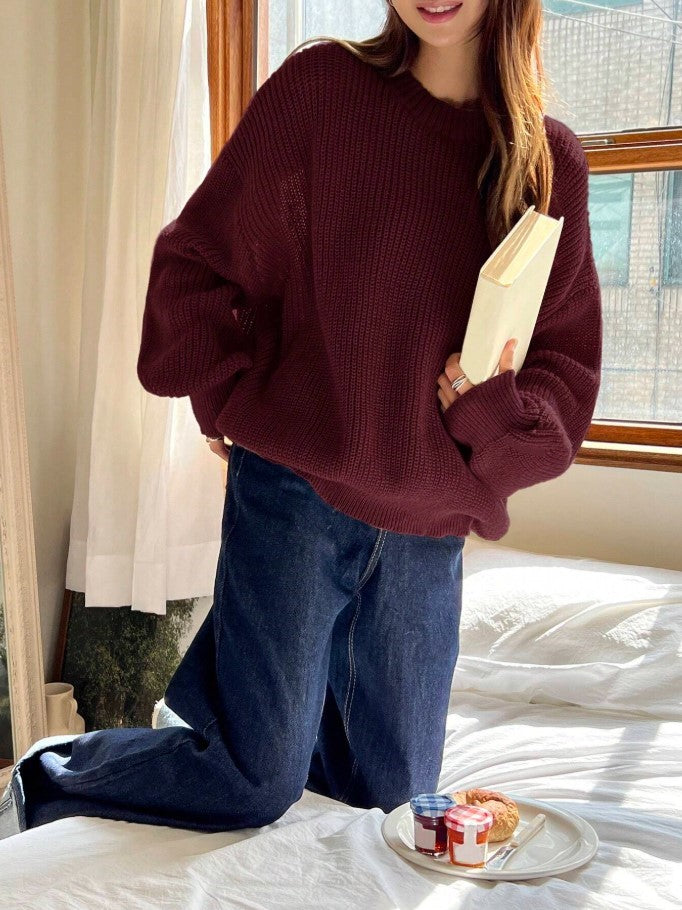Kadın Oversize Bordo Selanik Örgü Kazak -Salaş Triko Fmoda1400