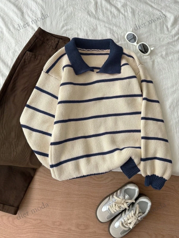 Ekru Lacivert Selanik Örgü Polo Yaka Oversize Triko Kazak, Kadın Kazak Fmoda101
