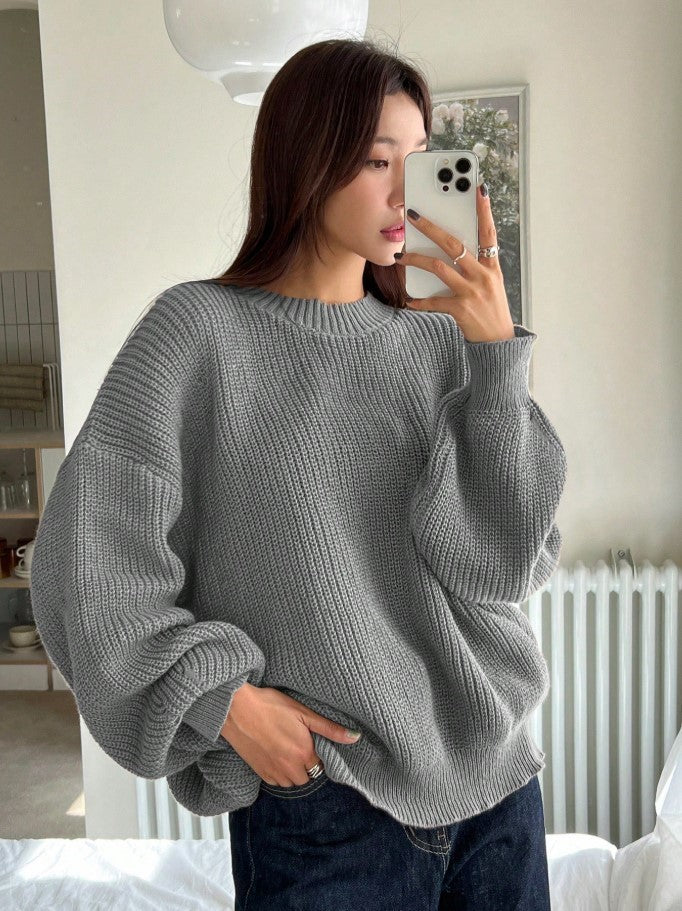 Kadın Oversize Gri Selanik Örgü Kazak -Salaş Triko Fmoda1400