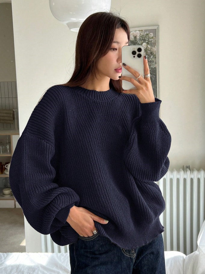 Kadın Oversize Lacivert Selanik Örgü Kazak -Salaş Triko