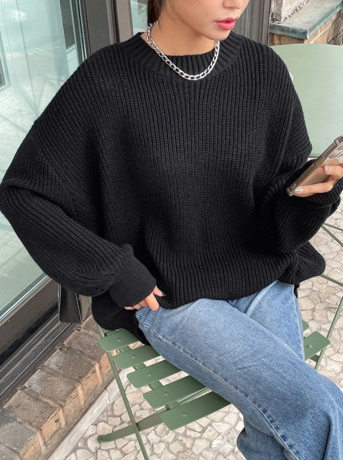 Kadın Oversize Siyah Selanik Örgü Kazak -Salaş Triko Fmoda1400