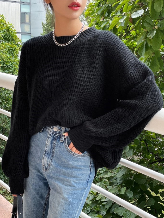 Kadın Oversize Siyah Selanik Örgü Kazak -Salaş Triko Fmoda1400