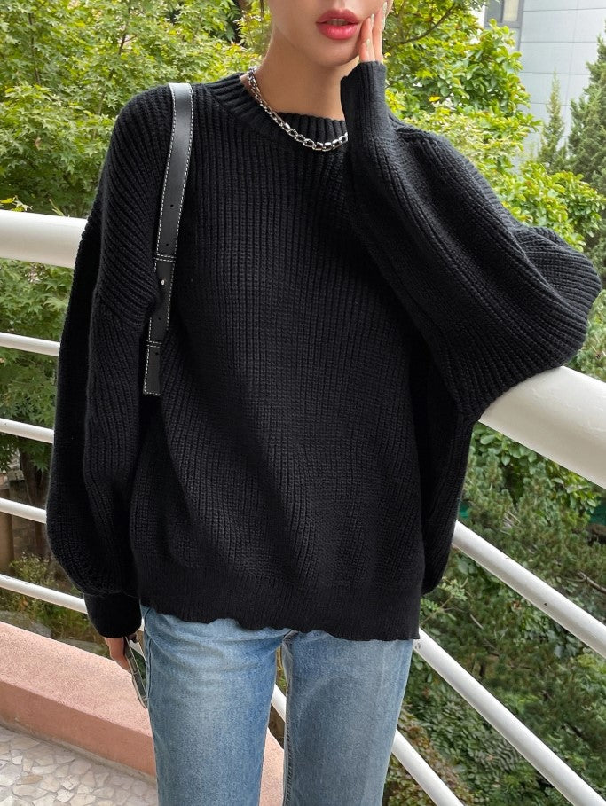 Kadın Oversize Siyah Selanik Örgü Kazak -Salaş Triko Fmoda1400