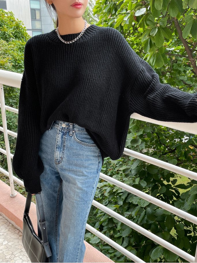 Kadın Oversize Siyah Selanik Örgü Kazak -Salaş Triko Fmoda1400